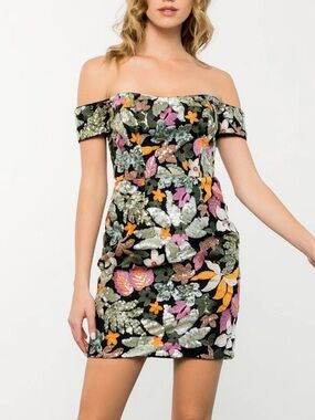 NWT THML Embroidered Floral Sequin Off-Shoulder Mini Dress Size Small
